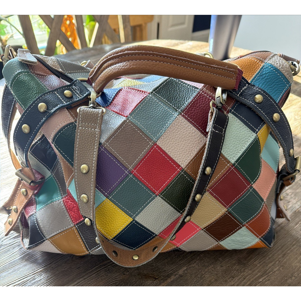 Genuine Leather Color Purse bohemian Handbag duffle studded patchwork quilt tote - Picture 7 of 9